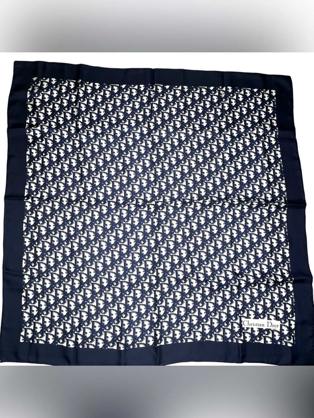 Auth Christian Dior Oblique Trotter Navy Blue Monogram Logo Silk Scarf 34” Large